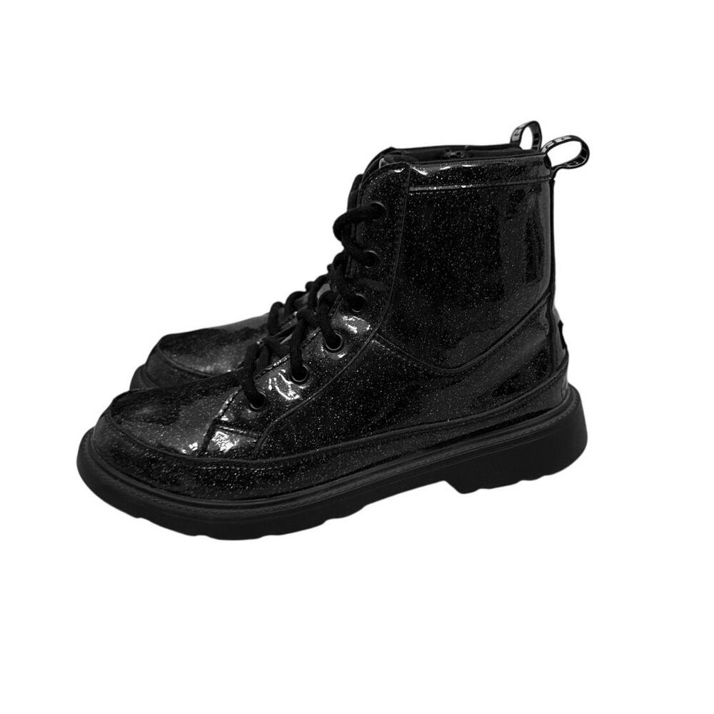 UGG Shoes Ashton Black Patent Glitter Lace Up Comat Moto Boots Size Youth 5